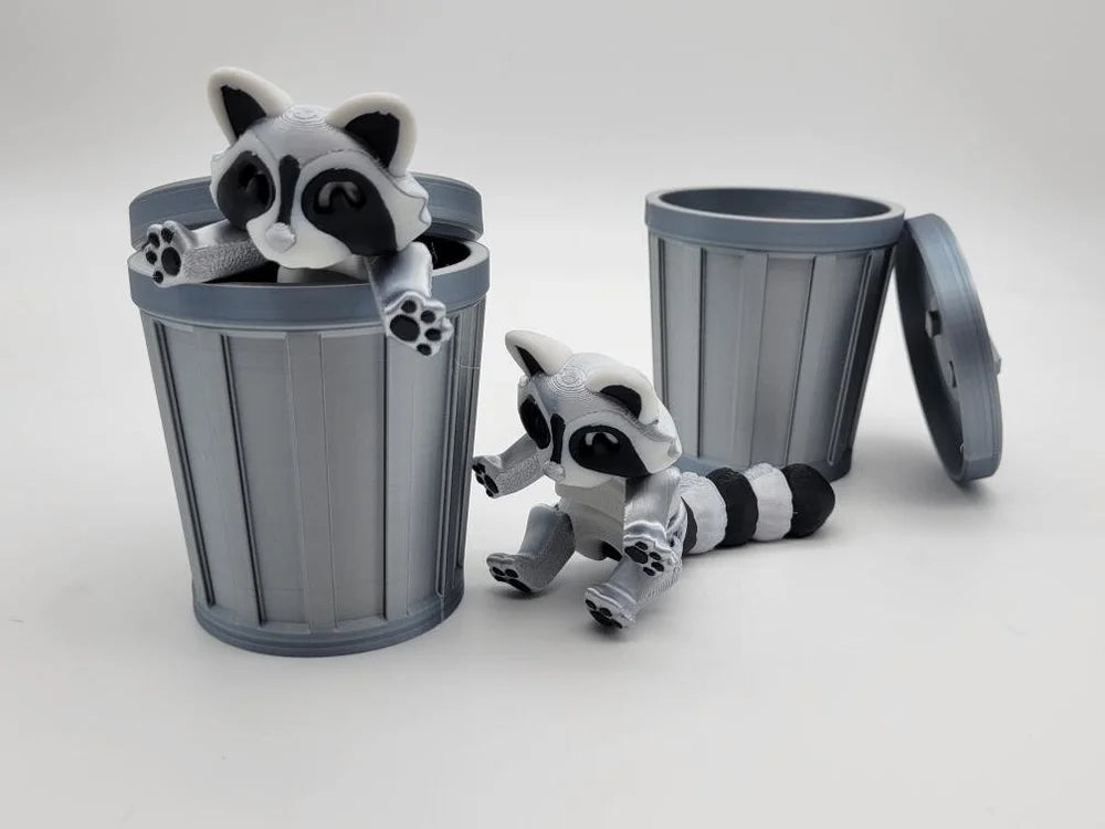 Raccoon 3D printed articulated figurine comes with trash can