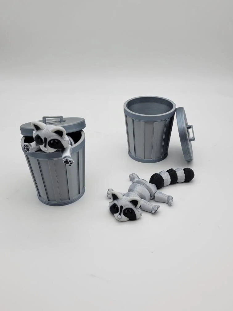 Raccoon 3D printed articulated figurine comes with trash can